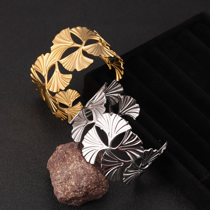 Selling Ginkgo Leaf Stainless Steel Bracelet Wide Version Opening Exaggerated High-End Women'S Gold-Plated Non-Fading Titanium Steel Bracelet - Image 2